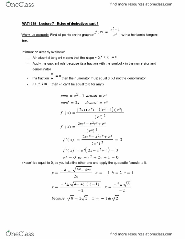 MAT 1339 Lecture Notes - Lecture 7: Quotient Rule, Function Composition, Product Rule cover image