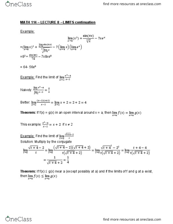 MATH114 Lecture Notes - Lecture 8: Squeeze Theorem, Classification Of Discontinuities cover image