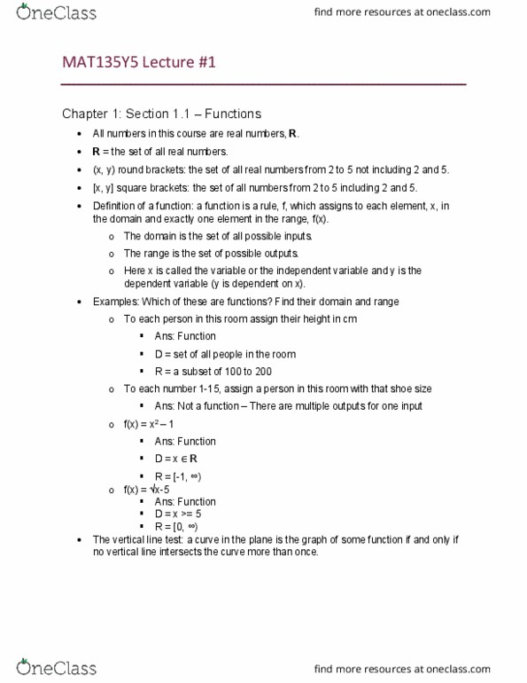 MAT135Y5 Lecture Notes - Lecture 1: Dependent And Independent Variables thumbnail