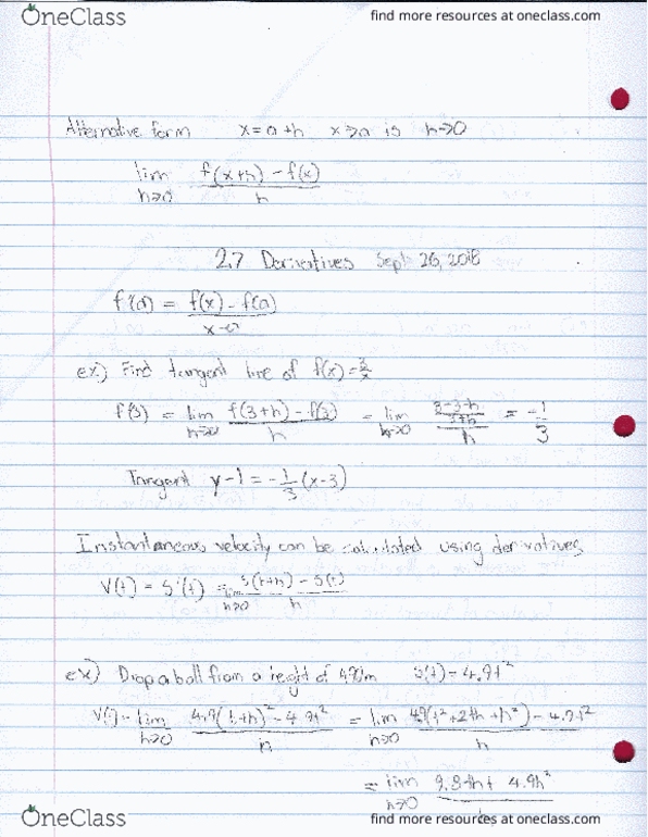 MATH100 Lecture 10: Math 100 Spet 26, 2.7 derivatives cover image