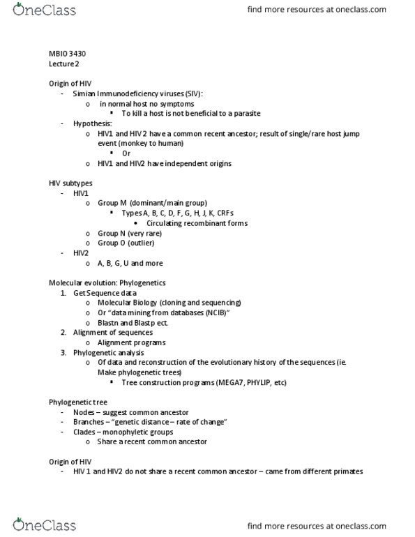 Mbio 3430 Lecture Notes Winter 18 Lecture 2 Phylip Subtypes Of Hiv Genetic Distance