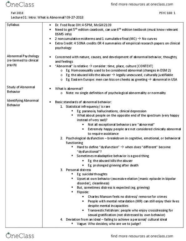 PSYC 100 Lecture Notes - Lecture 1: Transvestic Fetishism, Mania, Casebook thumbnail