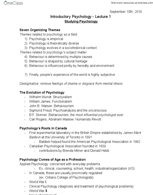 PSYC 1010 Lecture Notes - Lecture 1: Canadian Psychological Association, Donald O. Hebb, Brenda Milner thumbnail