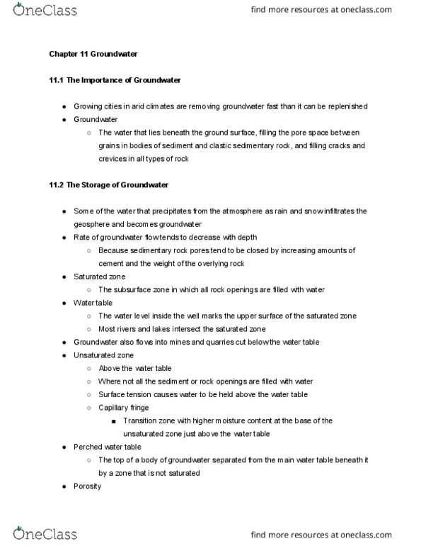 GEOL107 Chapter Notes - Chapter 11: Sedimentary Rock, Vadose Zone, Capillary Fringe thumbnail