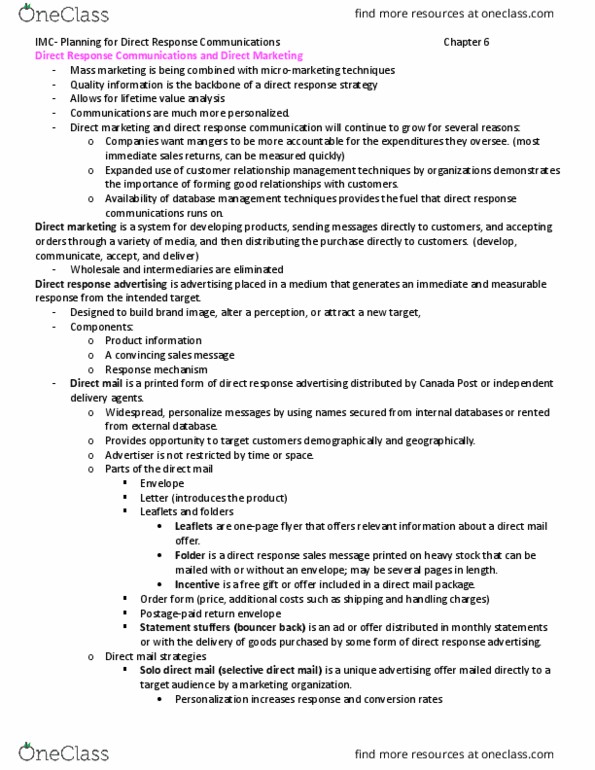 Management and Organizational Studies 3322F/G Chapter Notes - Chapter 6: Customer Relationship Management, Advertising Mail, Direct Marketing thumbnail