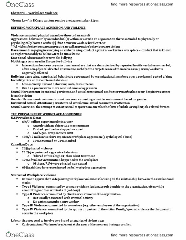 Management and Organizational Studies 3344A/B Chapter Notes - Chapter 8: Workplace Violence, Visual Acuity, Silent Treatment thumbnail