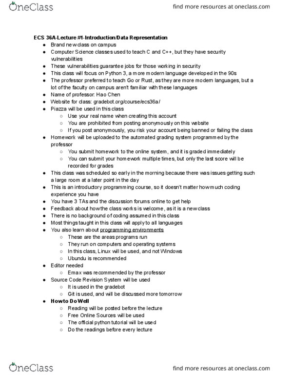 ECS 36A Lecture Notes - Lecture 1: Git, Critical Thinking, Memory Hierarchy cover image