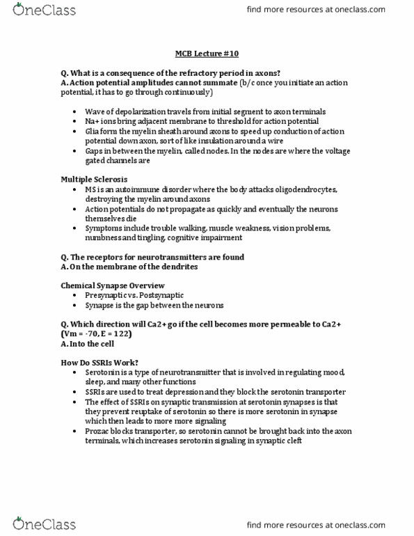 MCELLBI 32 Lecture Notes - Lecture 10: Serotonin Transporter, Autoimmune Disease, Multiple Sclerosis thumbnail