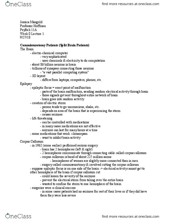 PSY BEH 11A Lecture Notes - Lecture 1: Commissurotomy, Parallel Computing, Clonazepam thumbnail