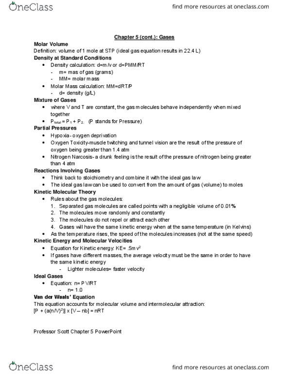 CHM 111 Lecture Notes - Lecture 12: Van Der Waals Equation, Ideal Gas Law, Kinetic Theory Of Gases cover image