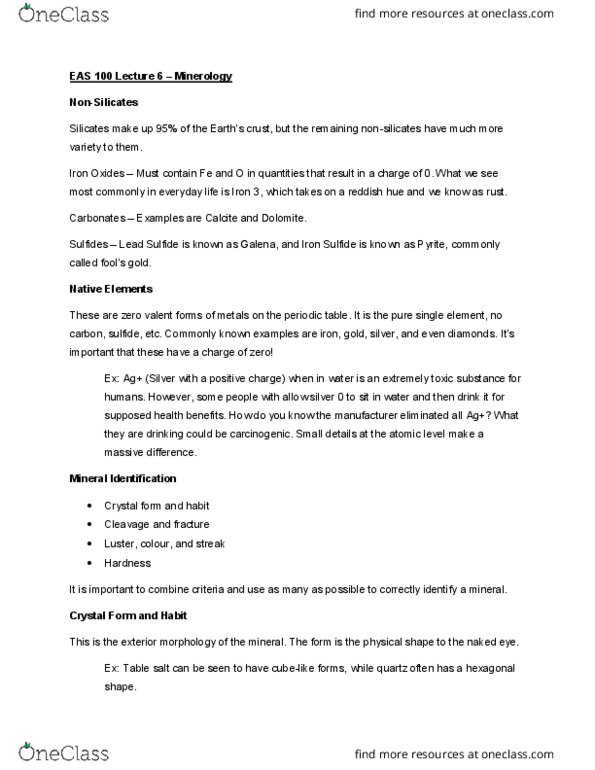 EAS100 Lecture Notes - Lecture 6: Crystal Habit, Sulfide, Pyrite cover image