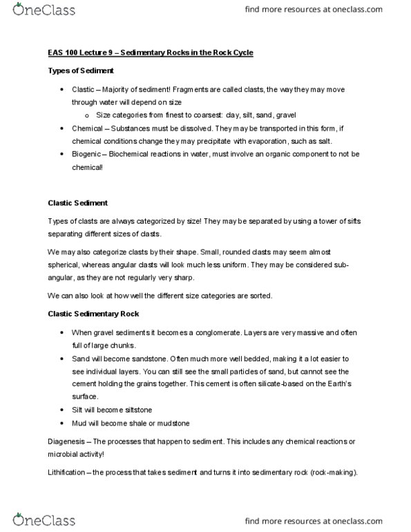 EAS100 Lecture Notes - Lecture 9: Mudstone, Diagenesis, Siltstone cover image