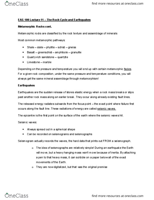 EAS100 Lecture Notes - Lecture 11: Metamorphic Facies, Seismic Wave, Plate Tectonics cover image