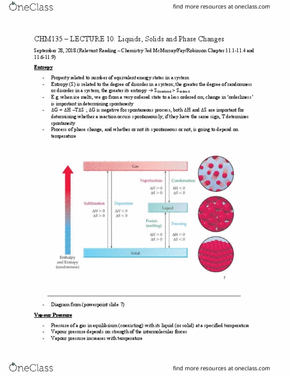 CHM135H1 Lecture Notes - Lecture 10: Vapor Pressure, Intermolecular Force, Spontaneous Process cover image
