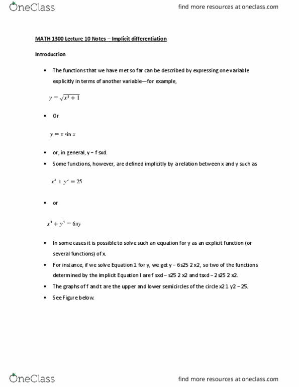MATH 1300 Lecture Notes - Lecture 10: Implicit Function, Differentiable Function, Cubic Function cover image