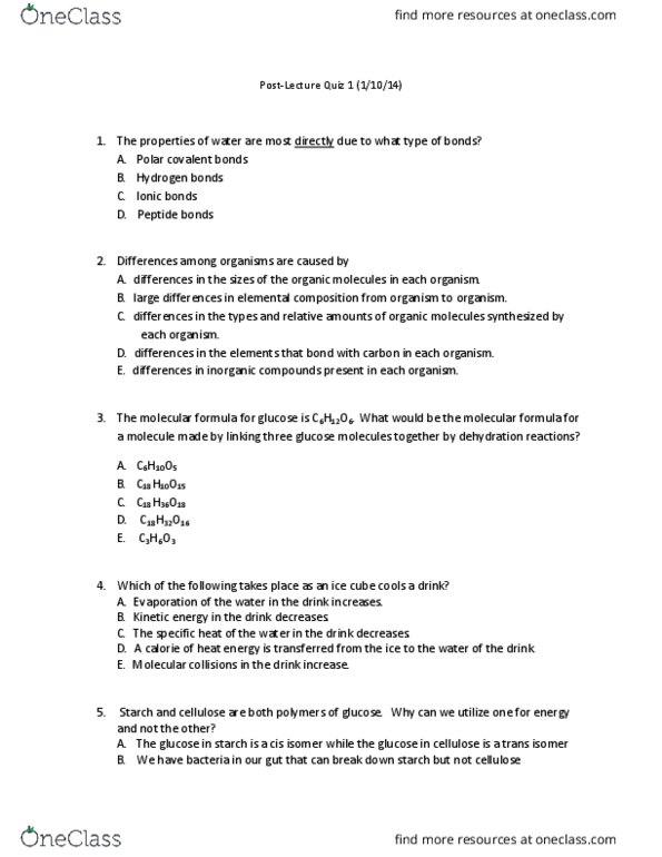 BIOLOGY 1113 Study Guide Fall 2018, Quiz Chemical Formula,