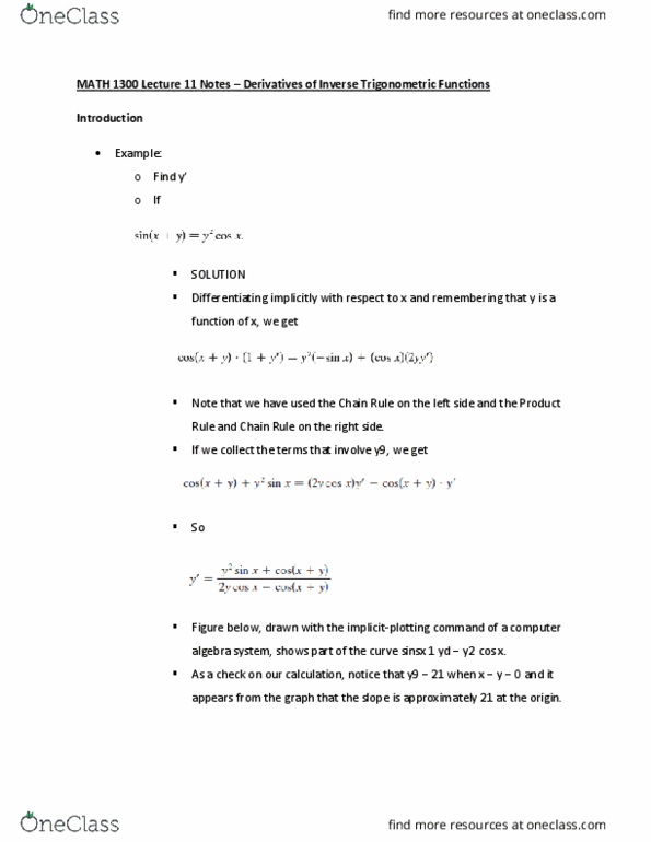 MATH 1300 Lecture Notes - Lecture 11: Trigonometric Functions, Implicit Function, Inverse Function thumbnail