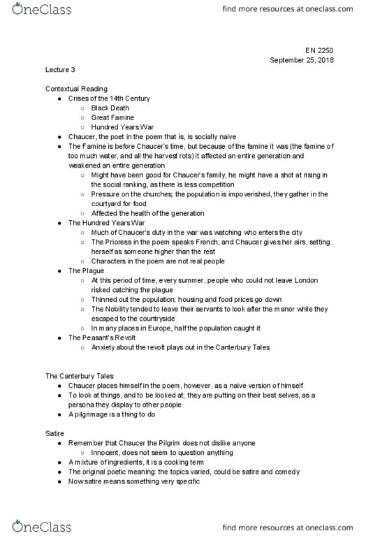 EN 2250 Lecture Notes - Lecture 3: The Famine, Misanthropy, Geoffrey Chaucer thumbnail