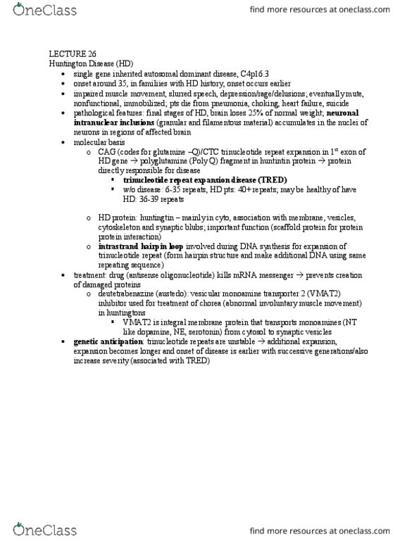 BICD 110 Lecture Notes - Lecture 26: Vesicular Monoamine Transporter, Trinucleotide Repeat Disorder, Oligonucleotide thumbnail