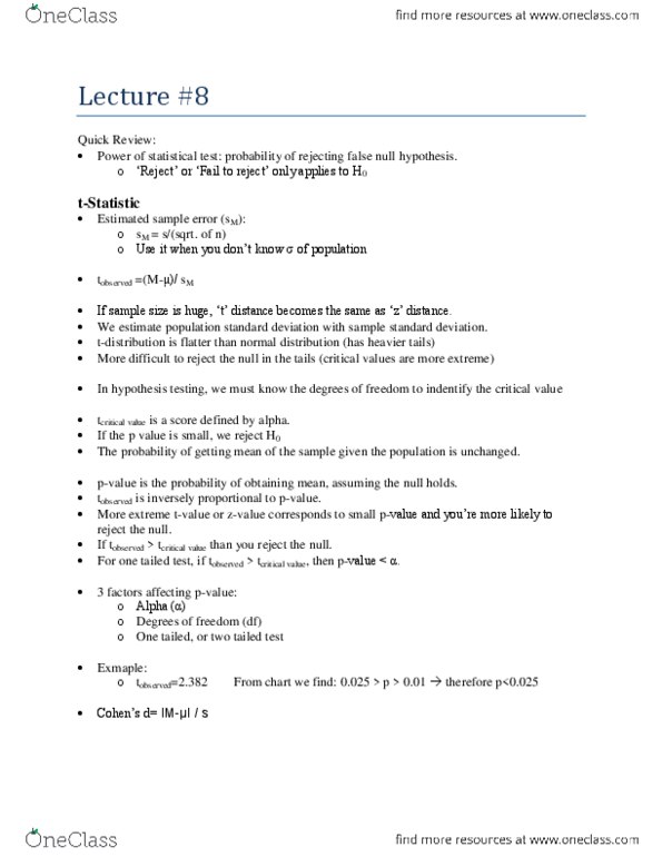 PSYC 2021 Lecture Notes - Null Hypothesis, Standard Deviation, Statistical Hypothesis Testing thumbnail