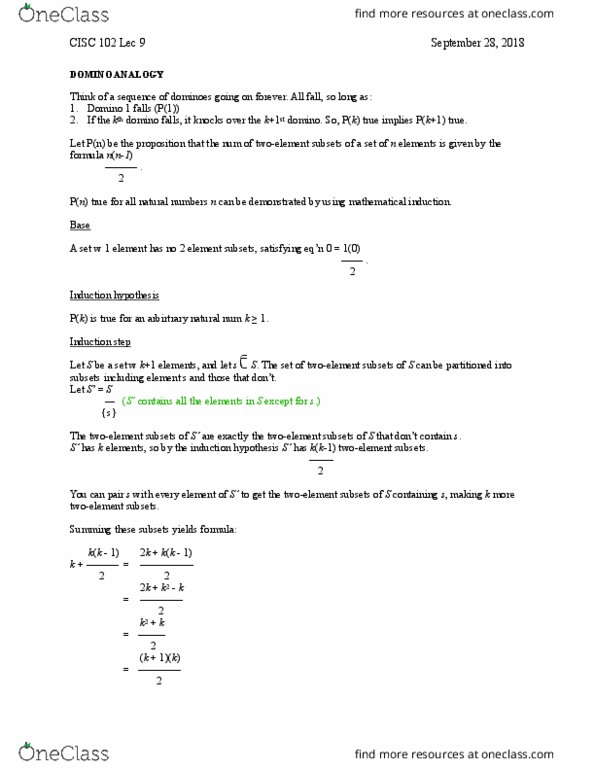 CISC 102 Lecture Notes - Lecture 9: Mathematical Induction, Complex Instruction Set Computing thumbnail