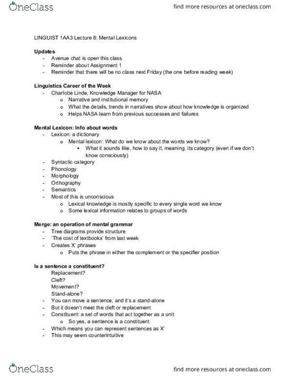 LINGUIST 1AA3 Lecture Notes - Lecture 8: Syntactic Category, Phrase thumbnail