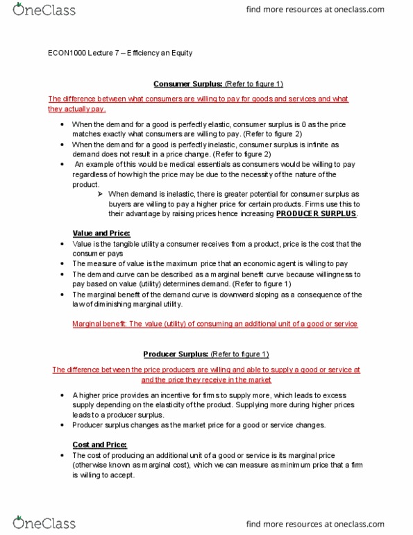 ECON 1000 Lecture Notes - Lecture 7: Economic Surplus, Demand Curve, Marginal Utility cover image