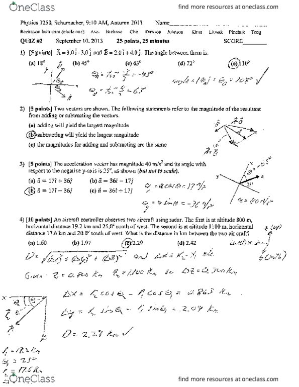 PHYSICS 1250 Quiz: PHYSICS 1250 Quiz 2 2013 Fall - OneClass