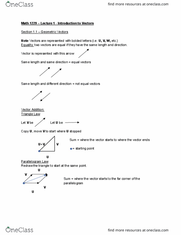 Mathematics 1229A/B Lecture Notes - Lecture 1: Parallelogram Law, Parallelogram cover image