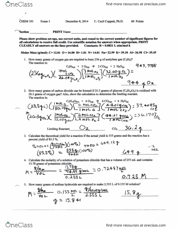 Chem 101 Final Chem101 Exam C 2014 Fall Oneclass