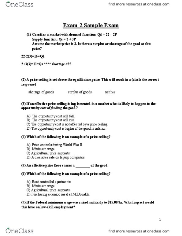 Econ 102 Study Guide Fall 2018 Final Price Ceiling