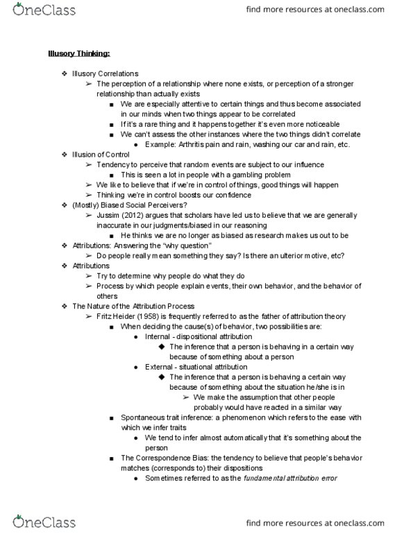 CAS PS 261 Lecture Notes - Lecture 3: Fritz Heider, Fundamental Attribution Error, Dispositional Attribution thumbnail