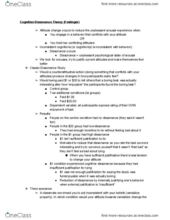 CAS PS 261 Lecture Notes - Lecture 5: Cognitive Dissonance, Attitude Change thumbnail