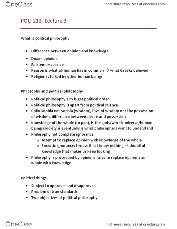POLI 213 Lecture Notes - Lecture 3: Sophia (Wisdom), Political Philosophy, Episteme thumbnail