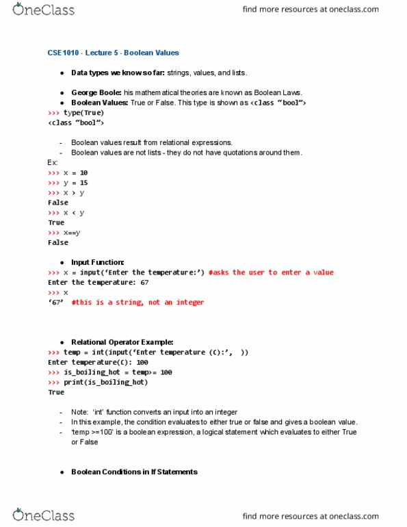 CSE 1010 Lecture Notes - Lecture 5: George Boole, Boolean Expression cover image
