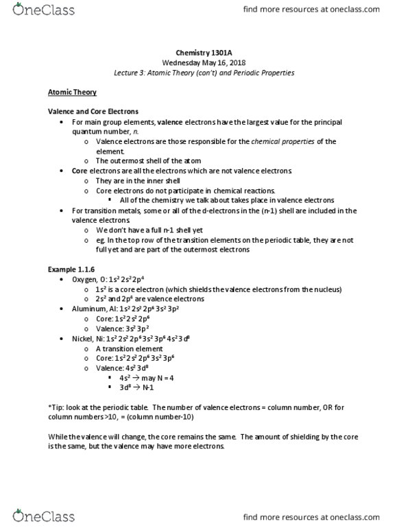 Chemistry 1301A/B Lecture Notes - Lecture 3: Electron Shell, Isoelectronicity, Electron Configuration thumbnail