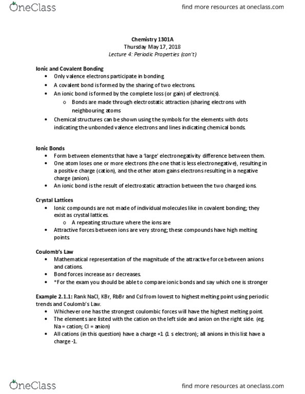 Chemistry 1301A/B Lecture Notes - Lecture 4: Ionic Bonding, Potassium Bromide, Covalent Bond thumbnail