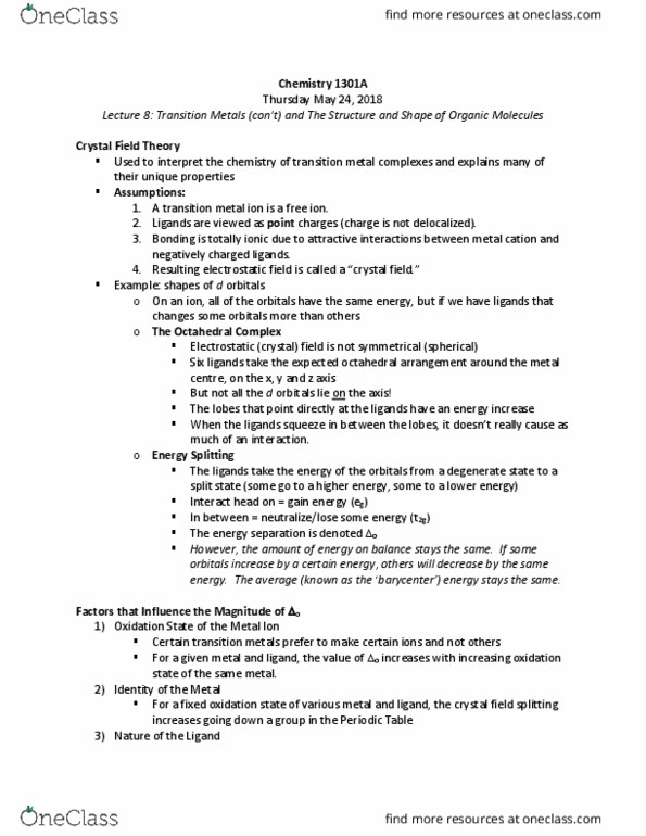 Chemistry 1301A/B Lecture Notes - Lecture 8: Coordination Complex, Crystal Field Theory, Spectrochemical Series thumbnail