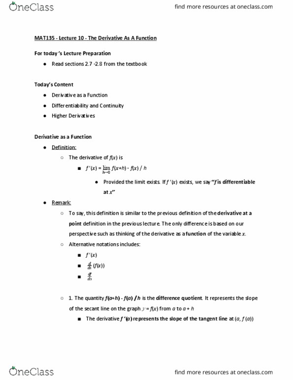 MAT135H1 Lecture Notes - Lecture 10: Difference Quotient thumbnail