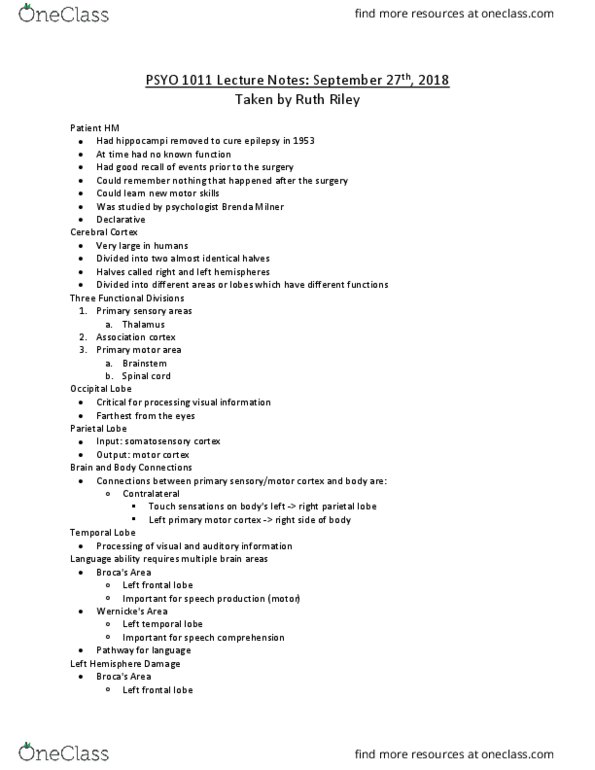 PSYO 1011 Lecture Notes - Lecture 8: Ruth Riley, Brenda Milner, Primary Sensory Areas thumbnail