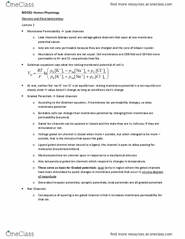 BIOC32H3 Lecture Notes - Lecture 3: Resting Potential, Goldman Equation, Membrane Potential thumbnail