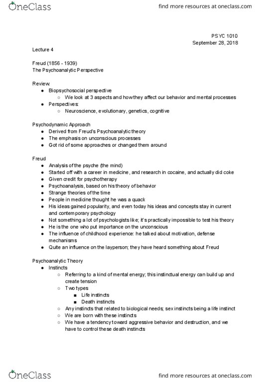 PSYC 1010 Lecture Notes - Lecture 4: Psychoanalytic Theory, Psychoanalysis, Preconscious thumbnail