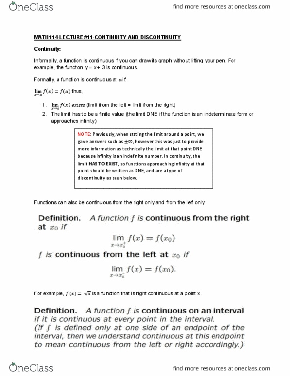 MATH114 Lecture Notes - Lecture 11: Indeterminate Form, Intermediate Value Theorem cover image