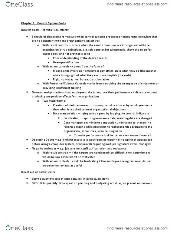 BU527 Chapter Notes - Chapter 5: Gamesmanship, Internal Audit, Data Management thumbnail