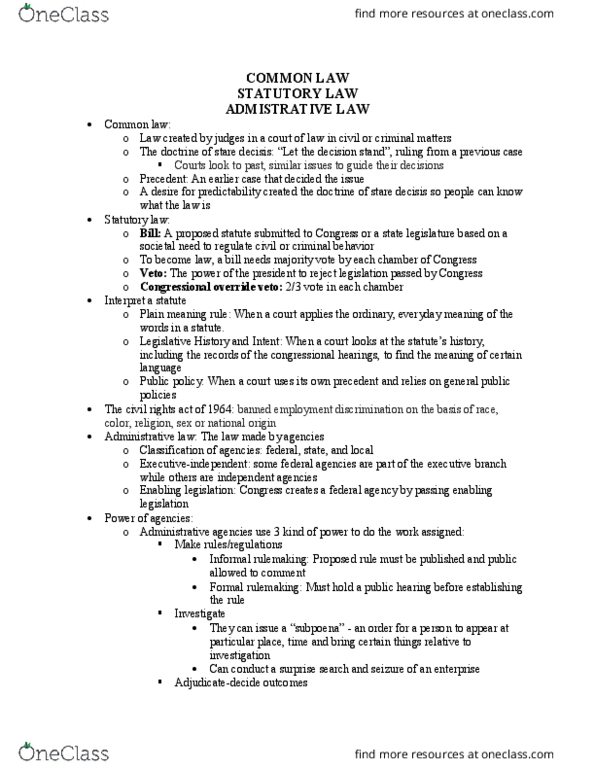 SMG LA 245 Lecture Notes - Lecture 3: Precedent, Administrative Law Judge, Statutory Law thumbnail