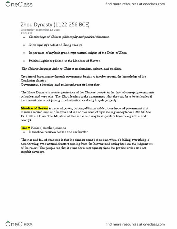 HIST-281 Lecture Notes - Lecture 2: Shang Dynasty, Chinese Philosophy thumbnail