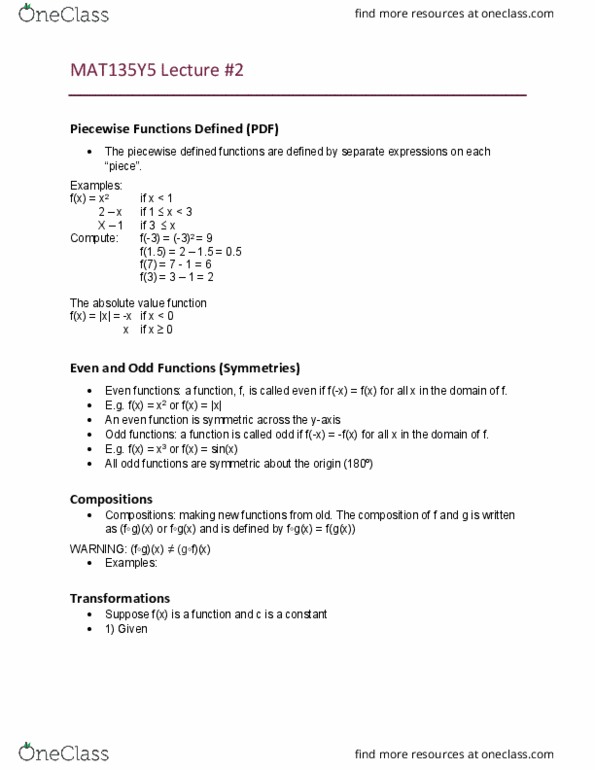 MAT135Y5 Lecture Notes - Lecture 2: Piecewise cover image