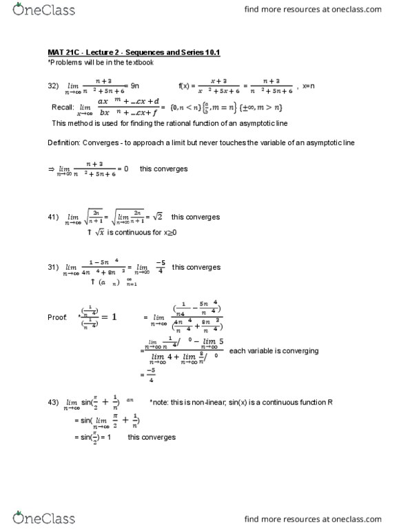 MAT 21A Lecture 2: MAT 21C - Lecture 2 - Sequences and Series 10 cover image