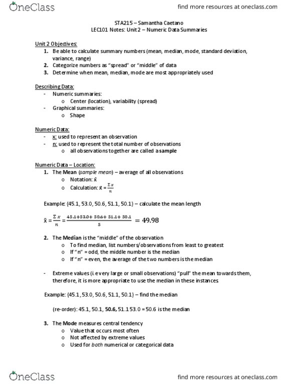 STA215H5 Lecture Notes - Lecture 2: Categorical Variable, Standard Deviation, Central Tendency thumbnail