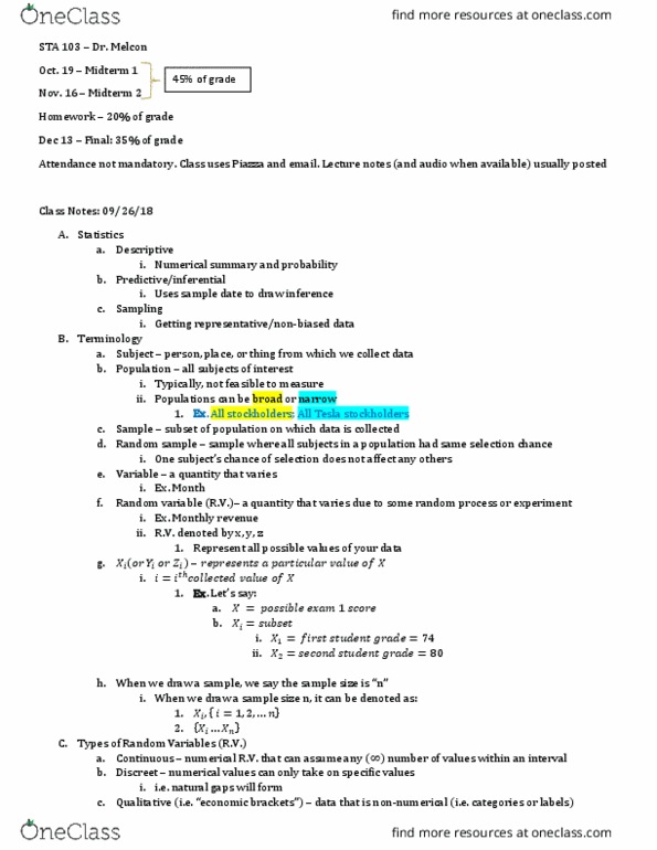 STA 103 Lecture Notes - Lecture 1: Random Variable thumbnail